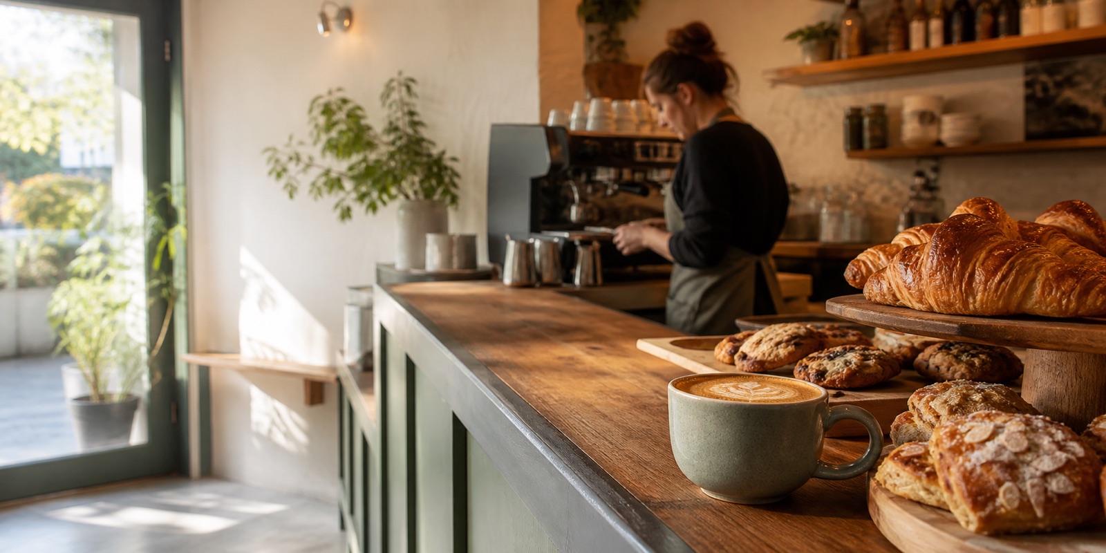 Coffee and fresh pastries on the counter of a warm independent café