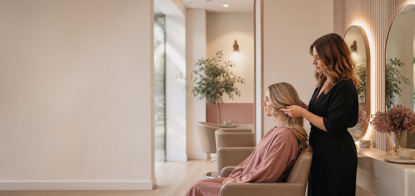 Stylist arranging a client's hair in an elegant modern salon